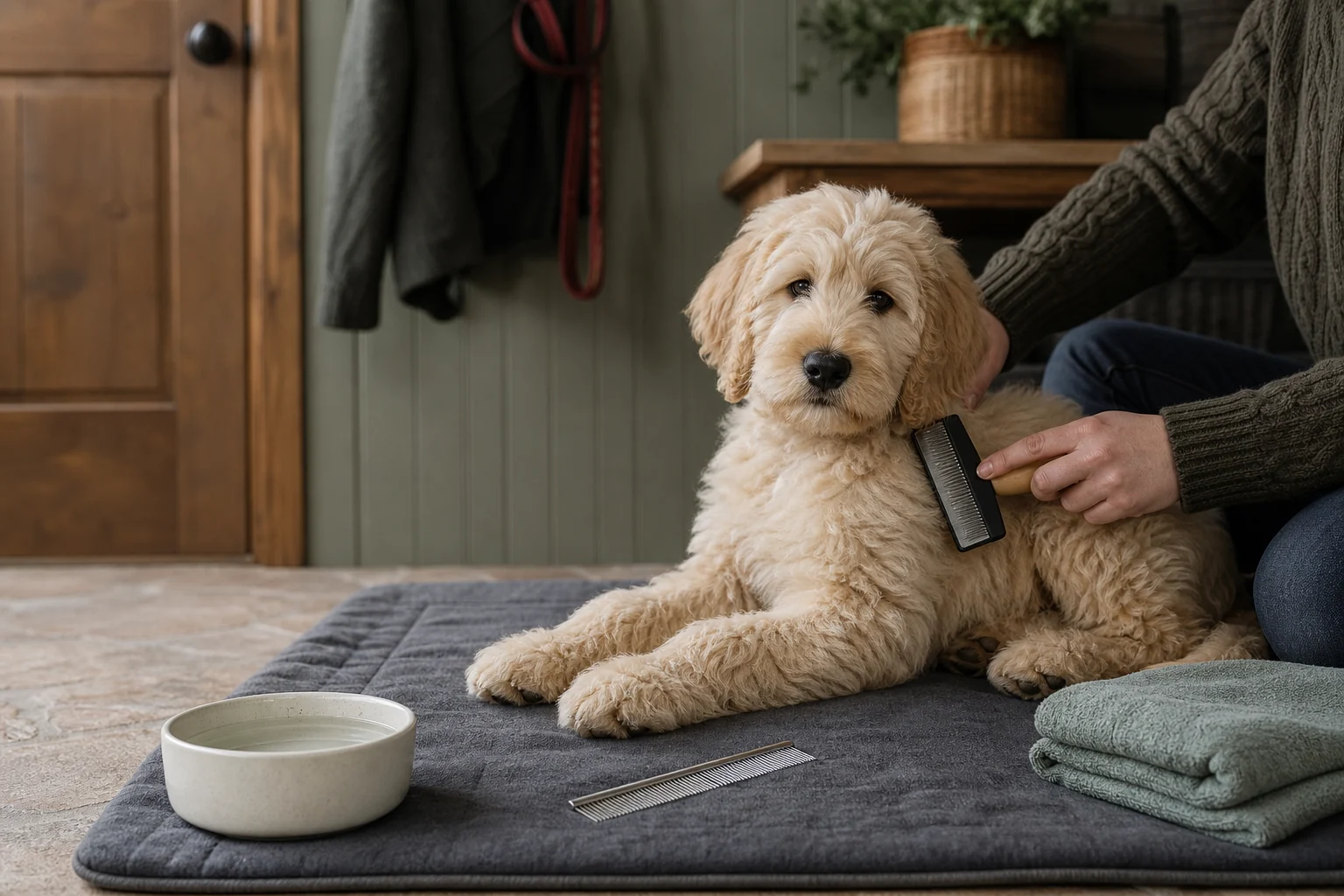 Cream Australian Labradoodle puppy being calmly brushed at home