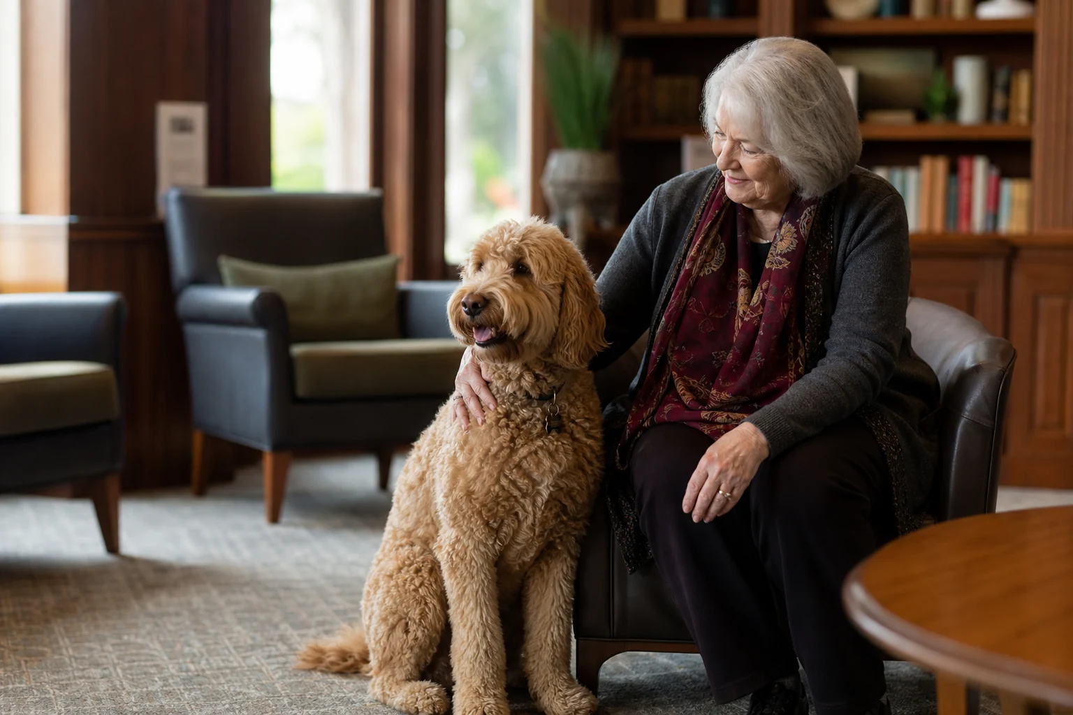 Australian Labradoodle sharing a calm community visit with an older adult
