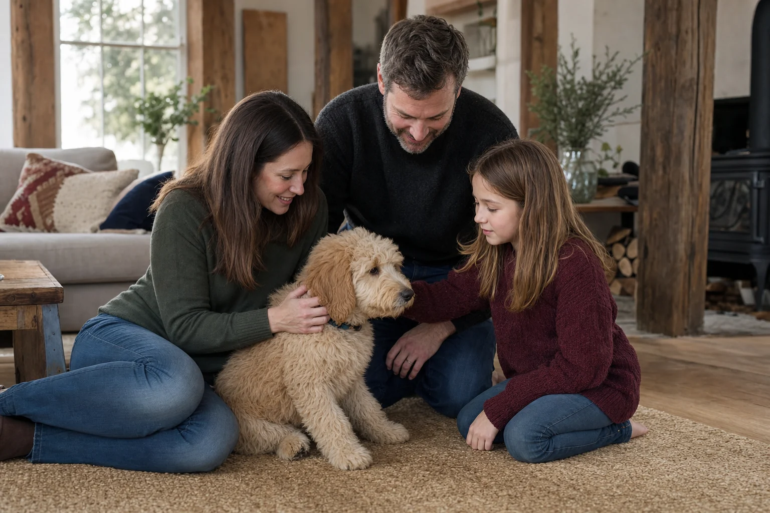 A family connecting with a cream Goldendoodle puppy at home