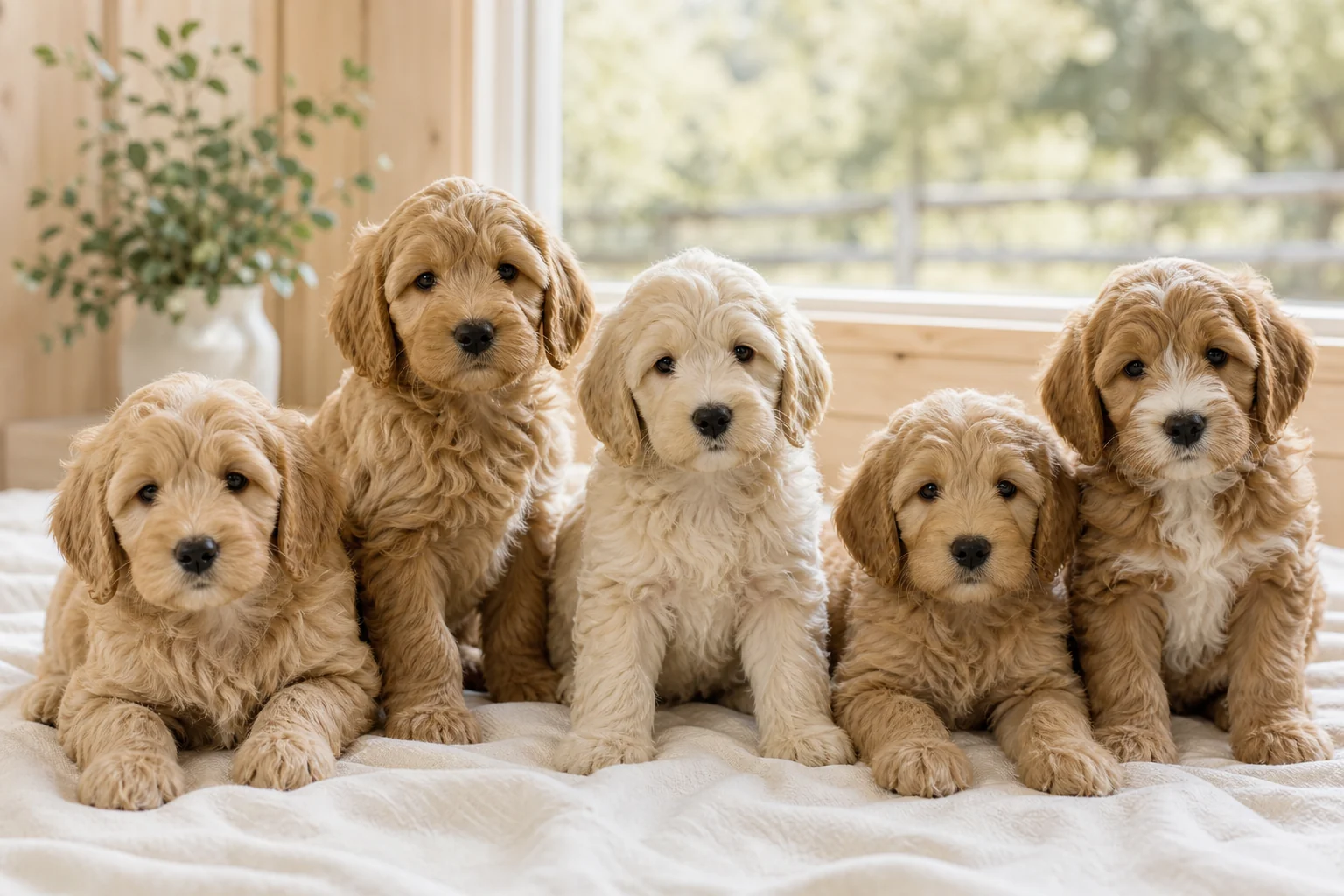 Five cream and apricot Australian Labradoodle puppies resting together