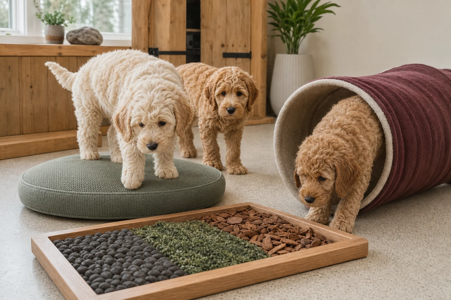 Three Australian Labradoodle puppies exploring a calm sensory enrichment course