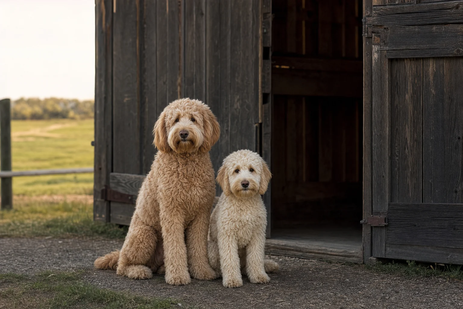 Two Australian Labradoodles together outside a Central Alberta ranch barn